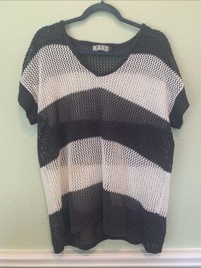 POL Open Knit Striped V-Neck Sweater Boho Mesh Crochet Top Cover-up Size Small